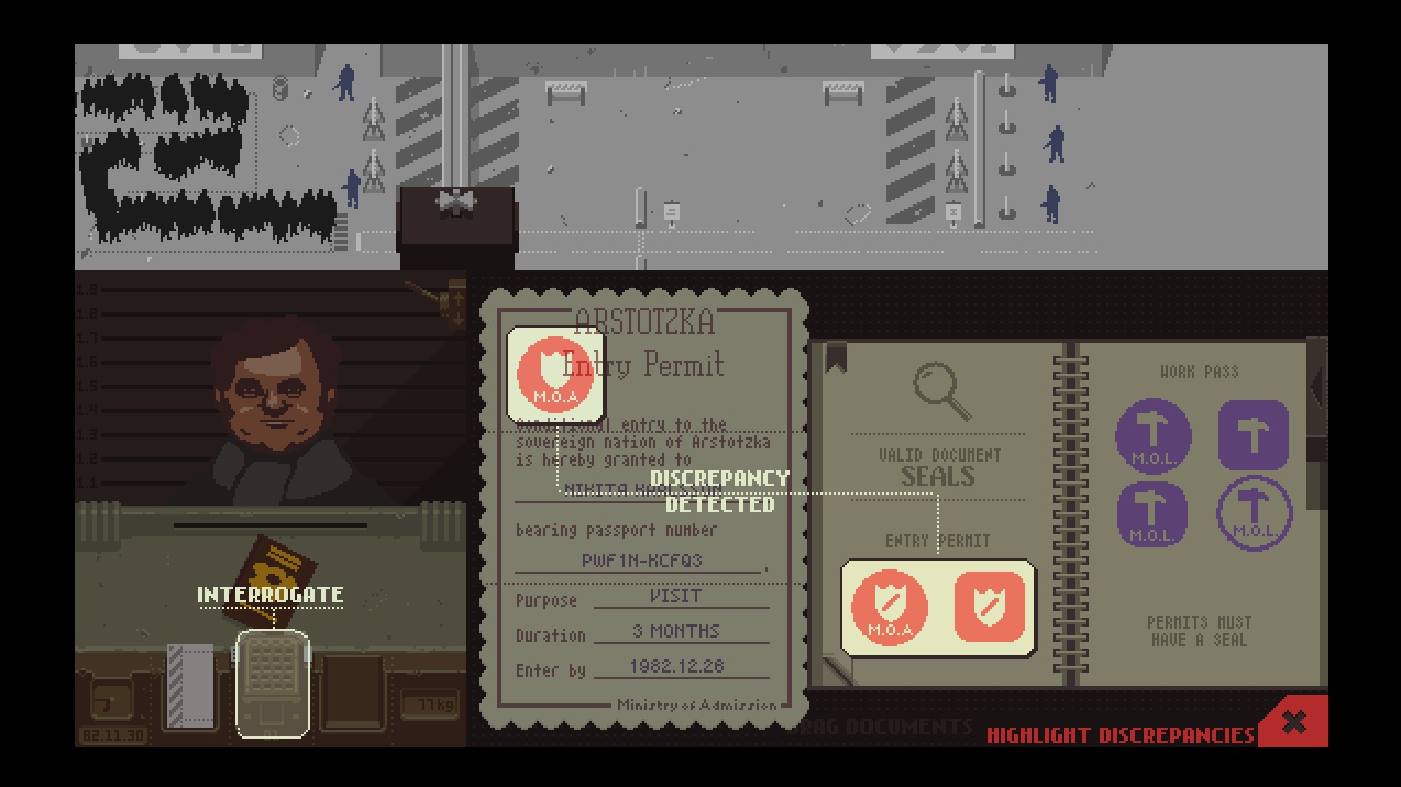 A screenshot from Papers, Please showing the interface as the